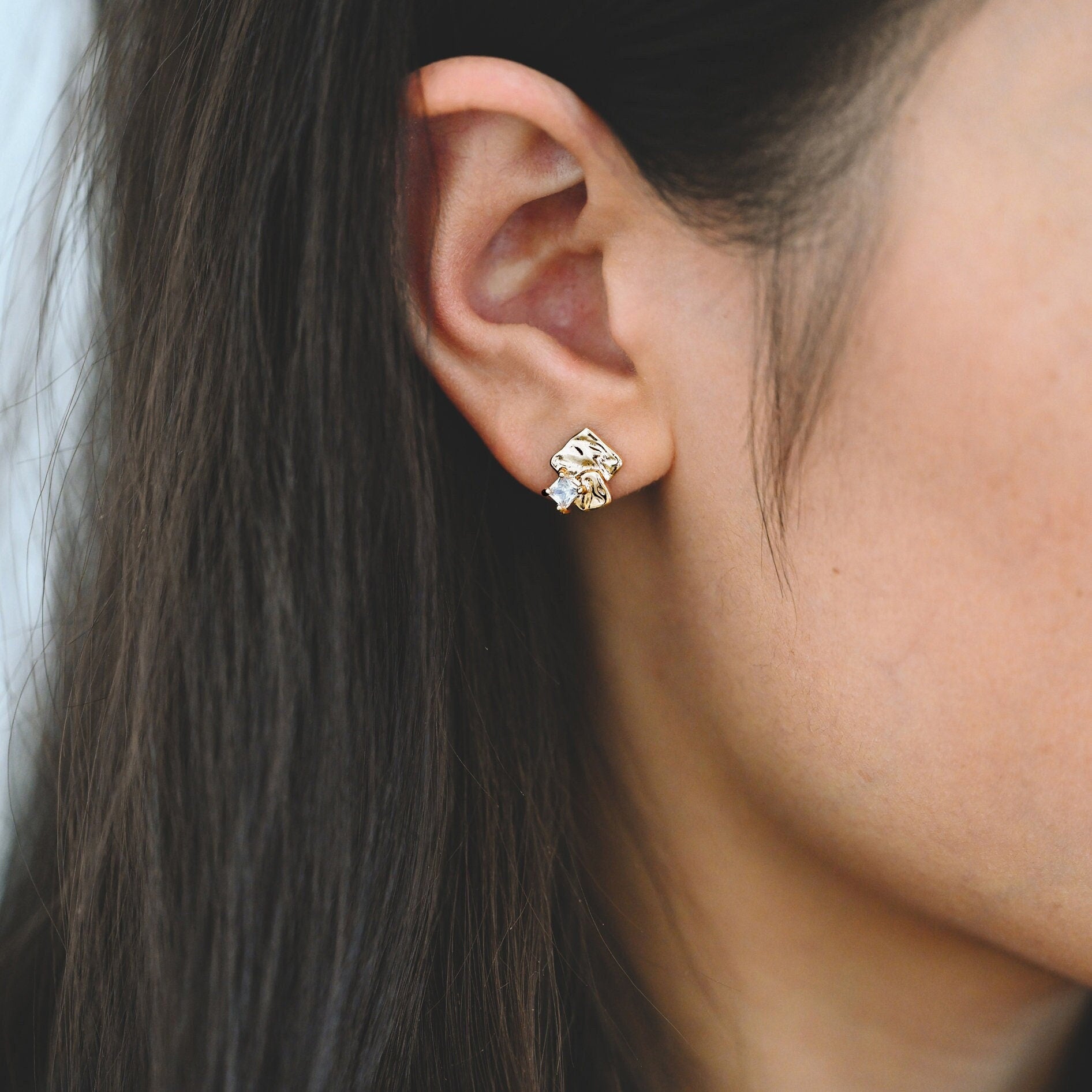 4pcs CZ Pave Rough Square Stud Earring With Loop, Real Gold/ Rhodium Plated Brass Geometric Earring Studs (GB-3169)